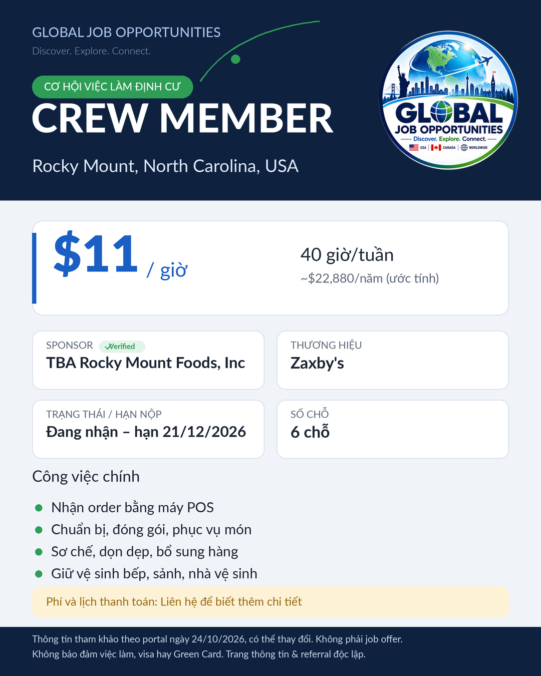 Tin job Crew Member Rocky Mount NC $11/giờ
