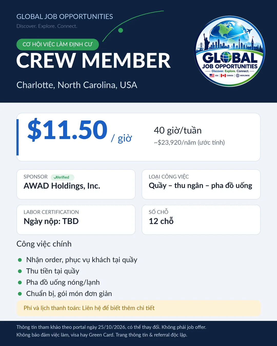 Job post: Crew Member Charlotte NC $11.50/hour