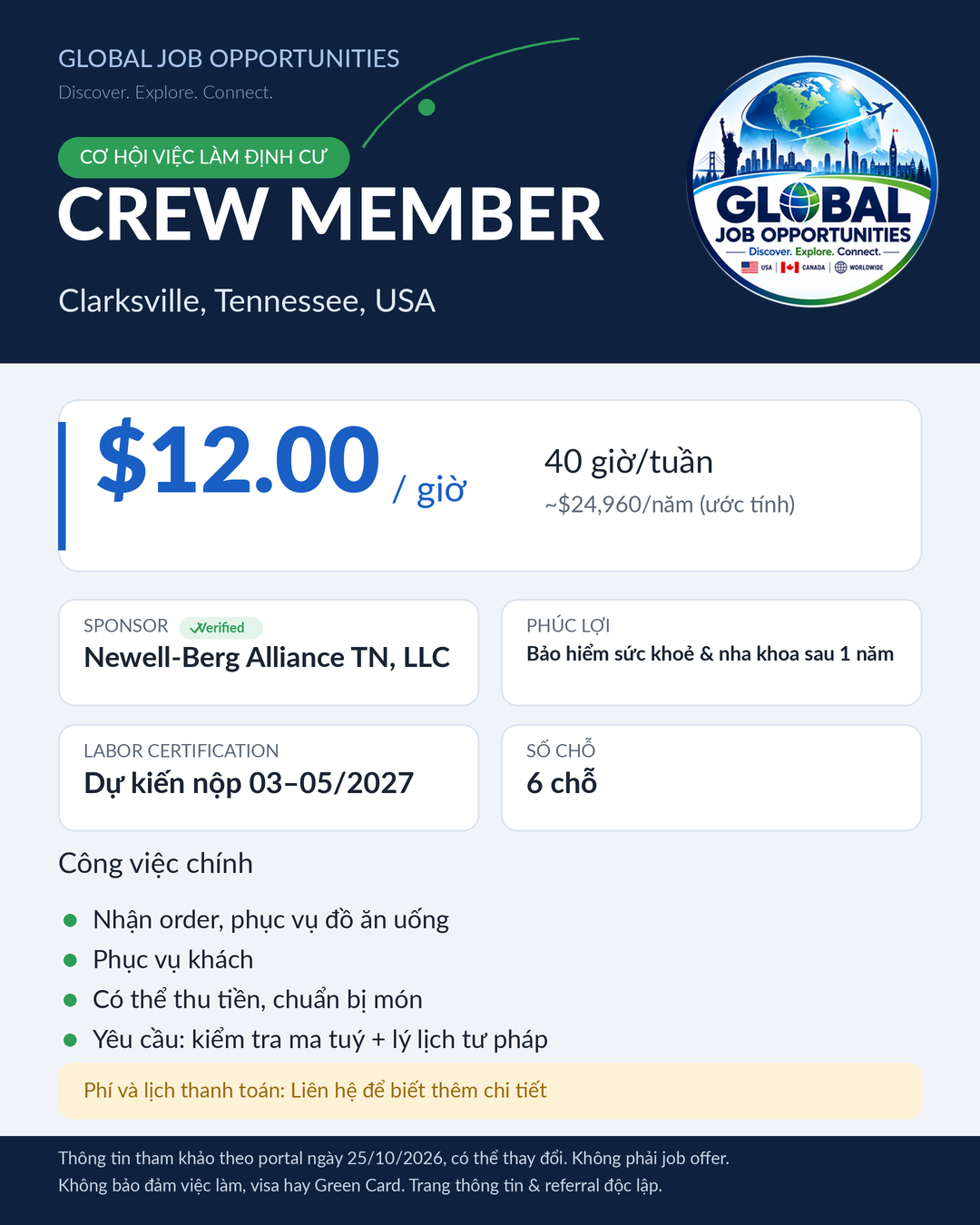 Tin job Crew Member Clarksville TN $12/giờ
