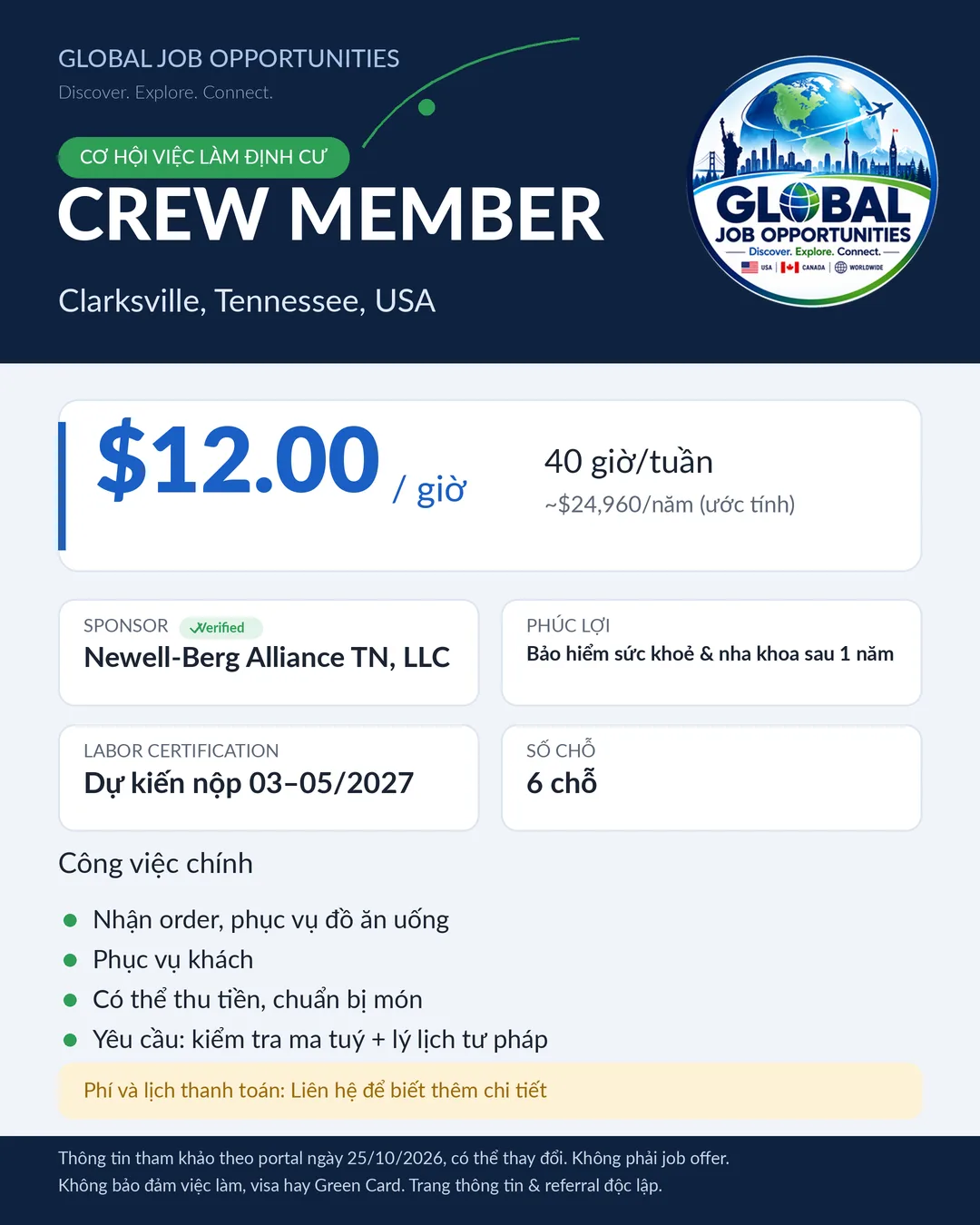 Job post: Crew Member Clarksville TN $12/hour